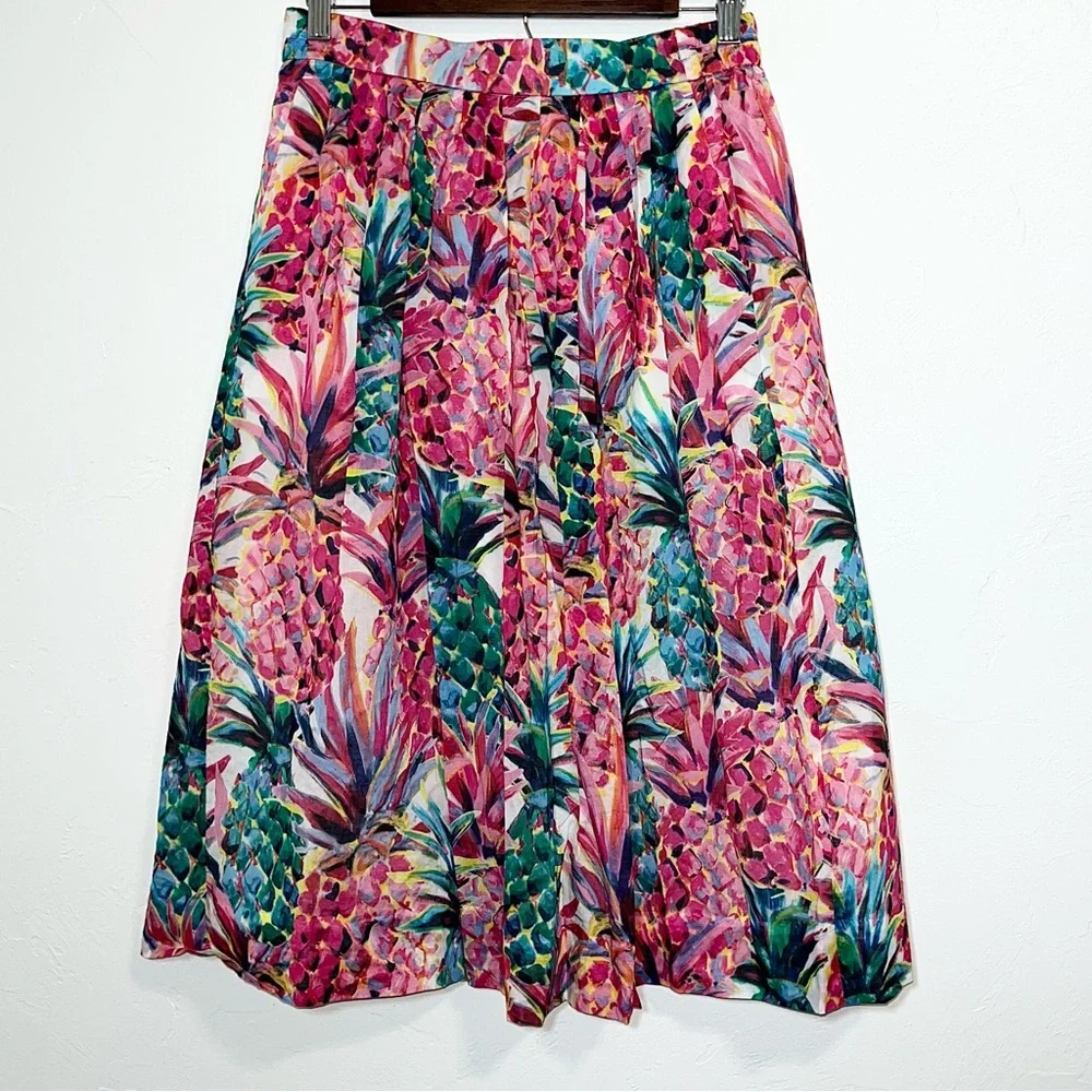 J.Crew A-Line Midi Skirt Ratti Painted Pink Pineapple Print Elastic Waist